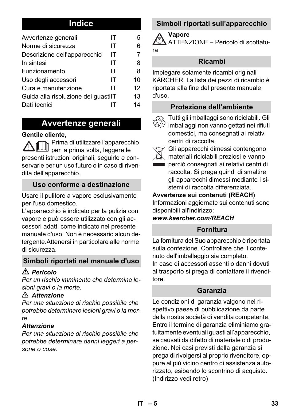 Italiano, Indice, Avvertenze generali | Karcher SC 1-030 B User Manual | Page 33 / 278