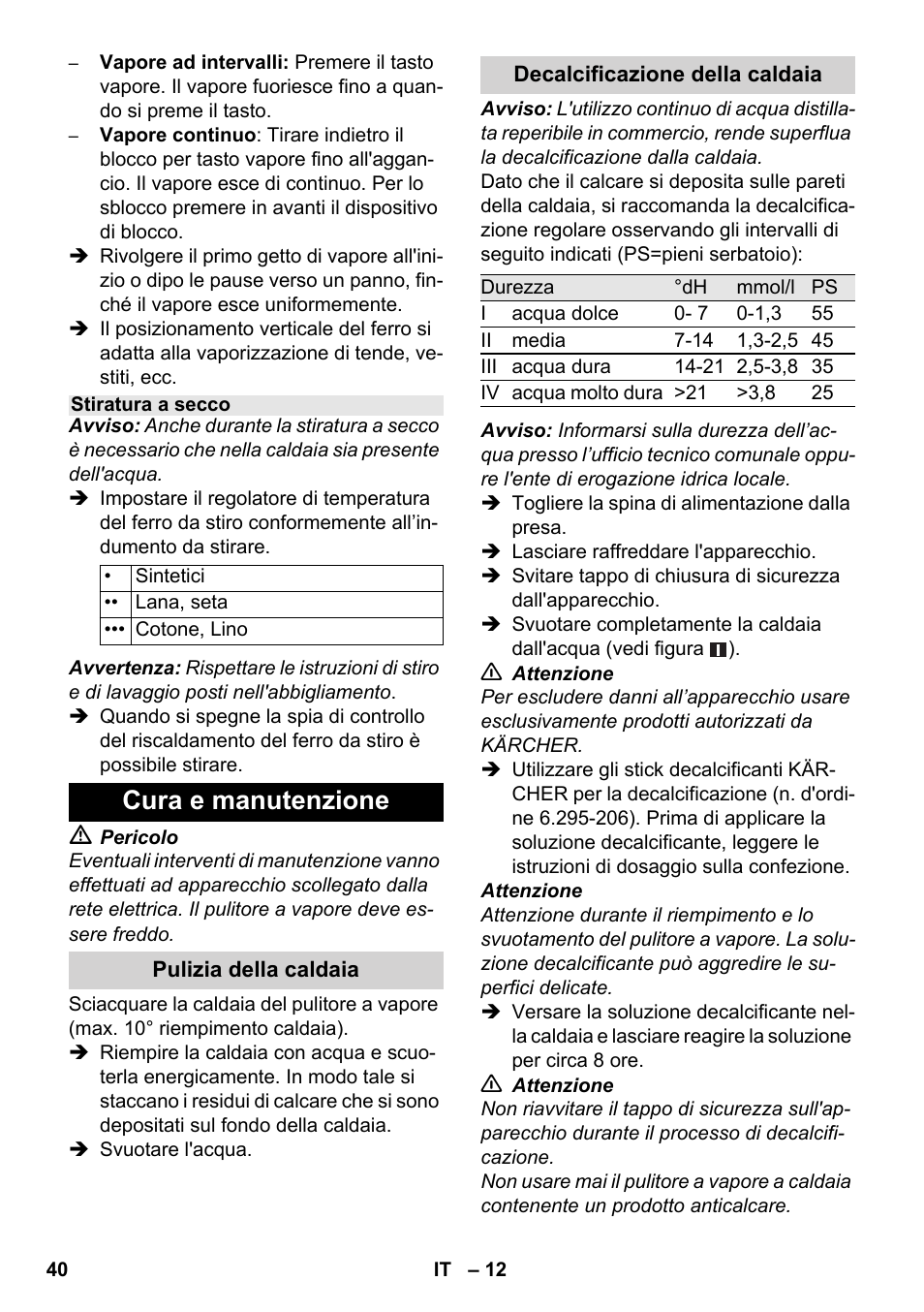 Cura e manutenzione | Karcher SC 1-030 B User Manual | Page 40 / 278