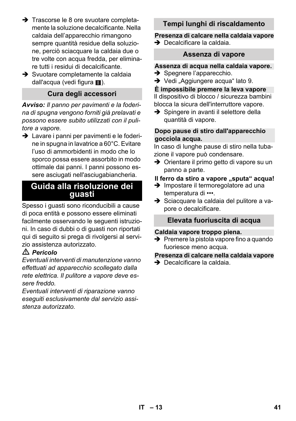 Guida alla risoluzione dei guasti | Karcher SC 1-030 B User Manual | Page 41 / 278