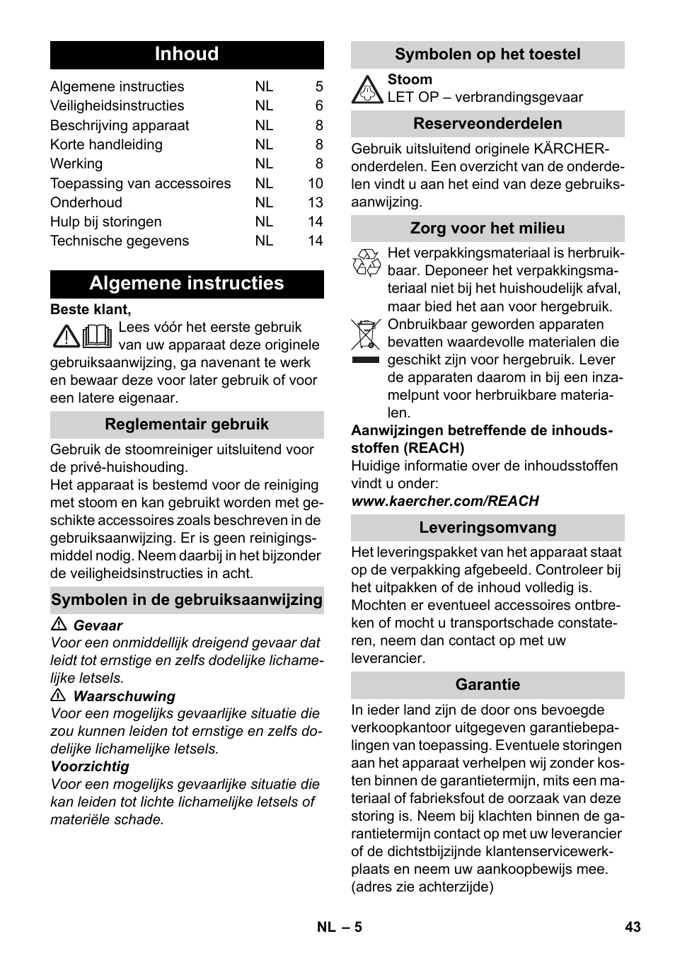 Nederlands, Inhoud, Algemene instructies | Karcher SC 1-030 B User Manual | Page 43 / 278