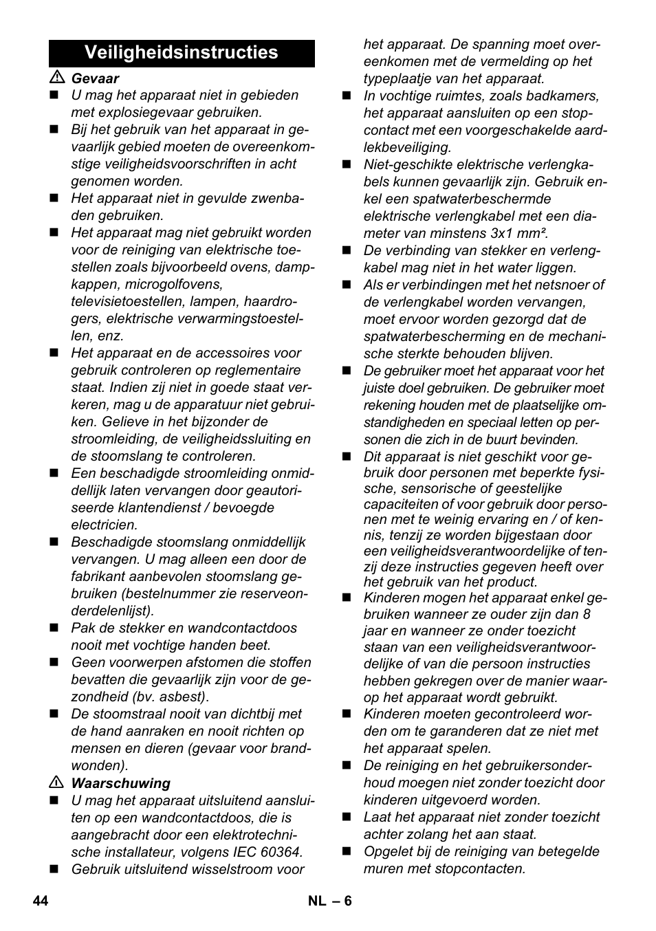 Veiligheidsinstructies | Karcher SC 1-030 B User Manual | Page 44 / 278