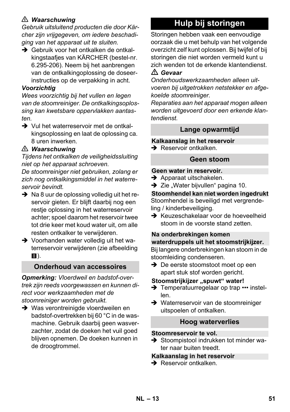 Hulp bij storingen | Karcher SC 1-030 B User Manual | Page 51 / 278