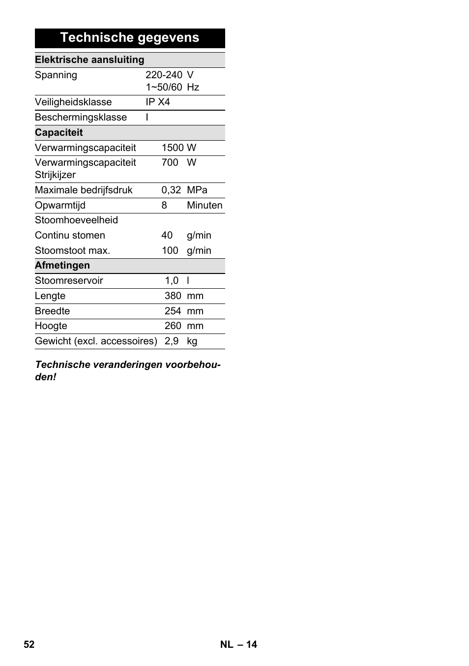 Technische gegevens | Karcher SC 1-030 B User Manual | Page 52 / 278