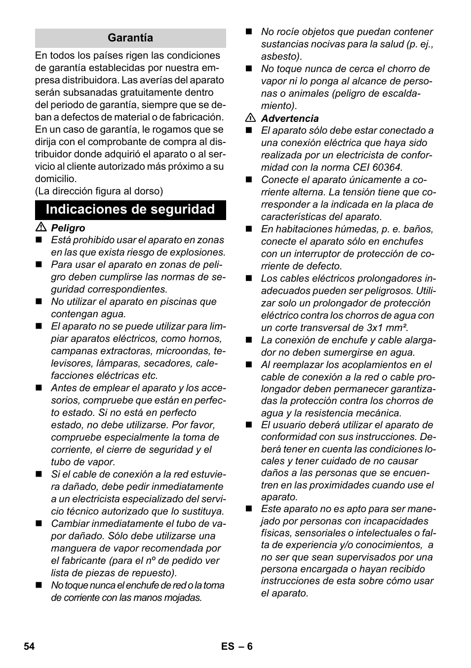 Indicaciones de seguridad | Karcher SC 1-030 B User Manual | Page 54 / 278