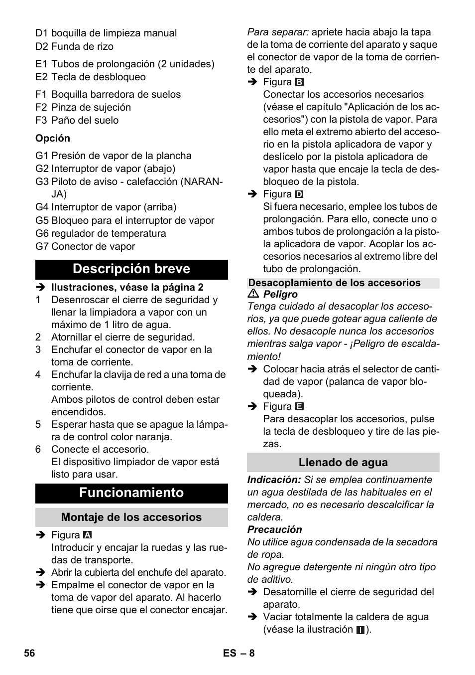Descripción breve funcionamiento | Karcher SC 1-030 B User Manual | Page 56 / 278