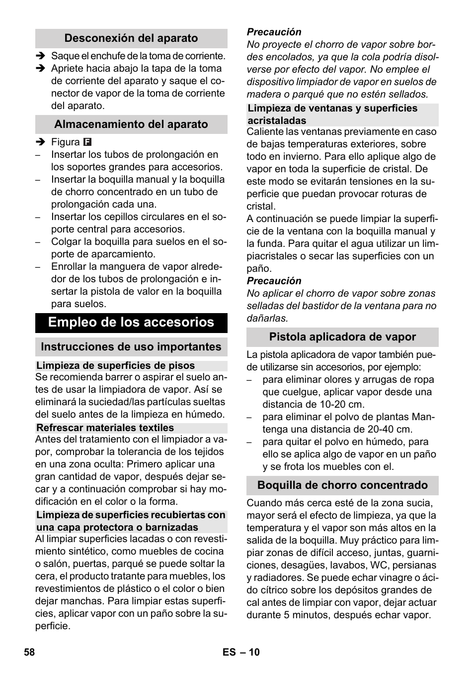 Empleo de los accesorios | Karcher SC 1-030 B User Manual | Page 58 / 278