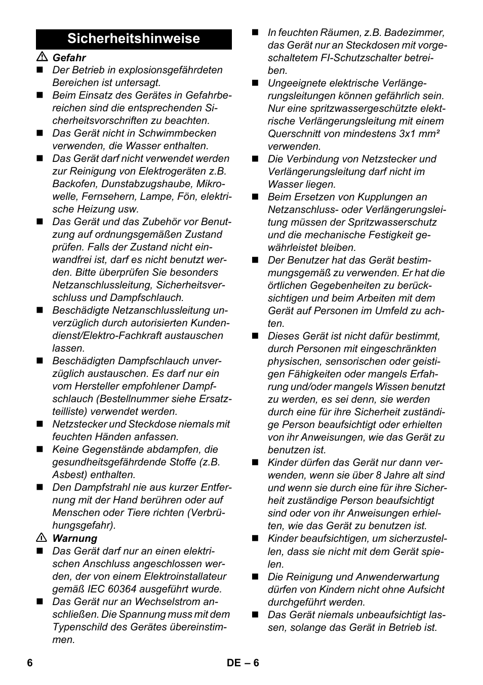 Sicherheitshinweise | Karcher SC 1-030 B User Manual | Page 6 / 278