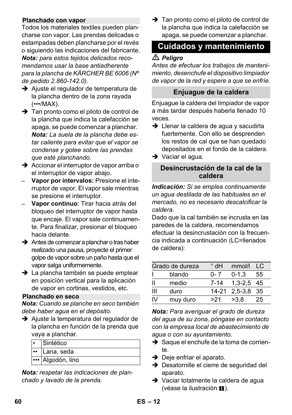 Cuidados y mantenimiento | Karcher SC 1-030 B User Manual | Page 60 / 278