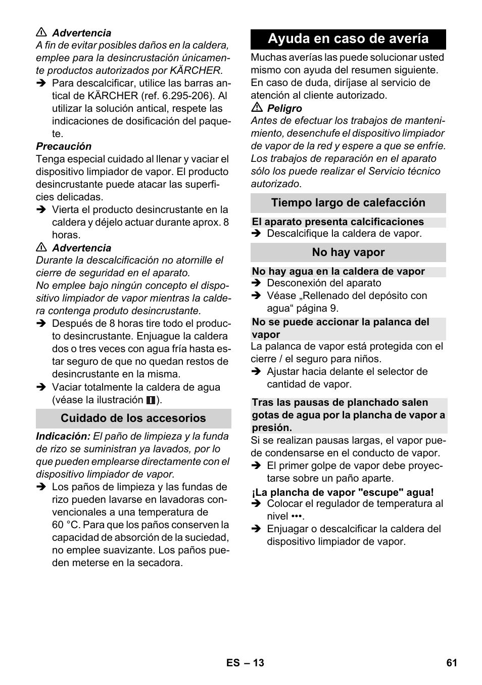 Ayuda en caso de avería | Karcher SC 1-030 B User Manual | Page 61 / 278