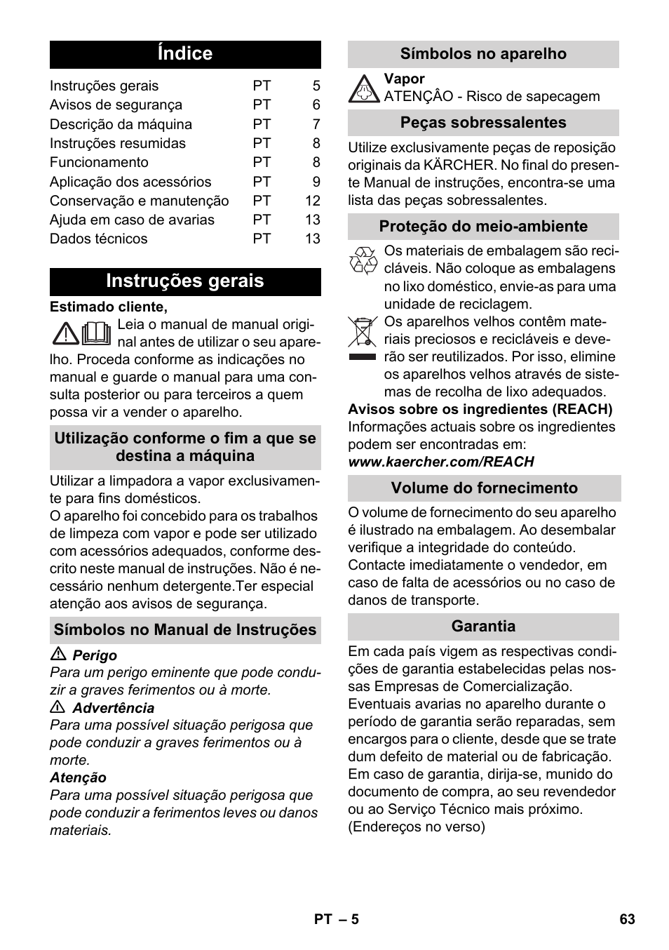 Português, Índice, Instruções gerais | Karcher SC 1-030 B User Manual | Page 63 / 278