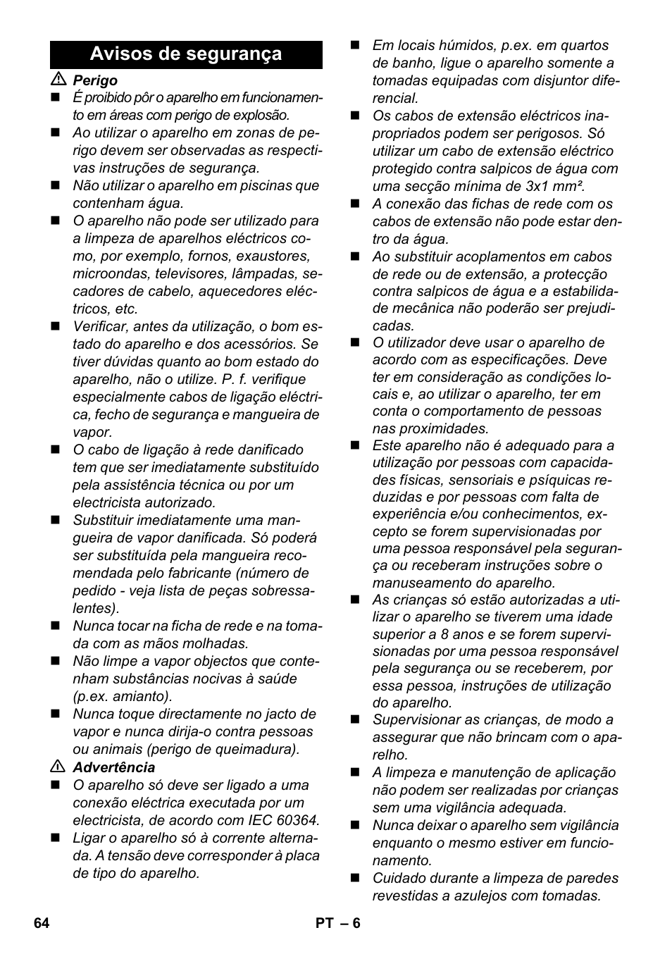 Avisos de segurança | Karcher SC 1-030 B User Manual | Page 64 / 278
