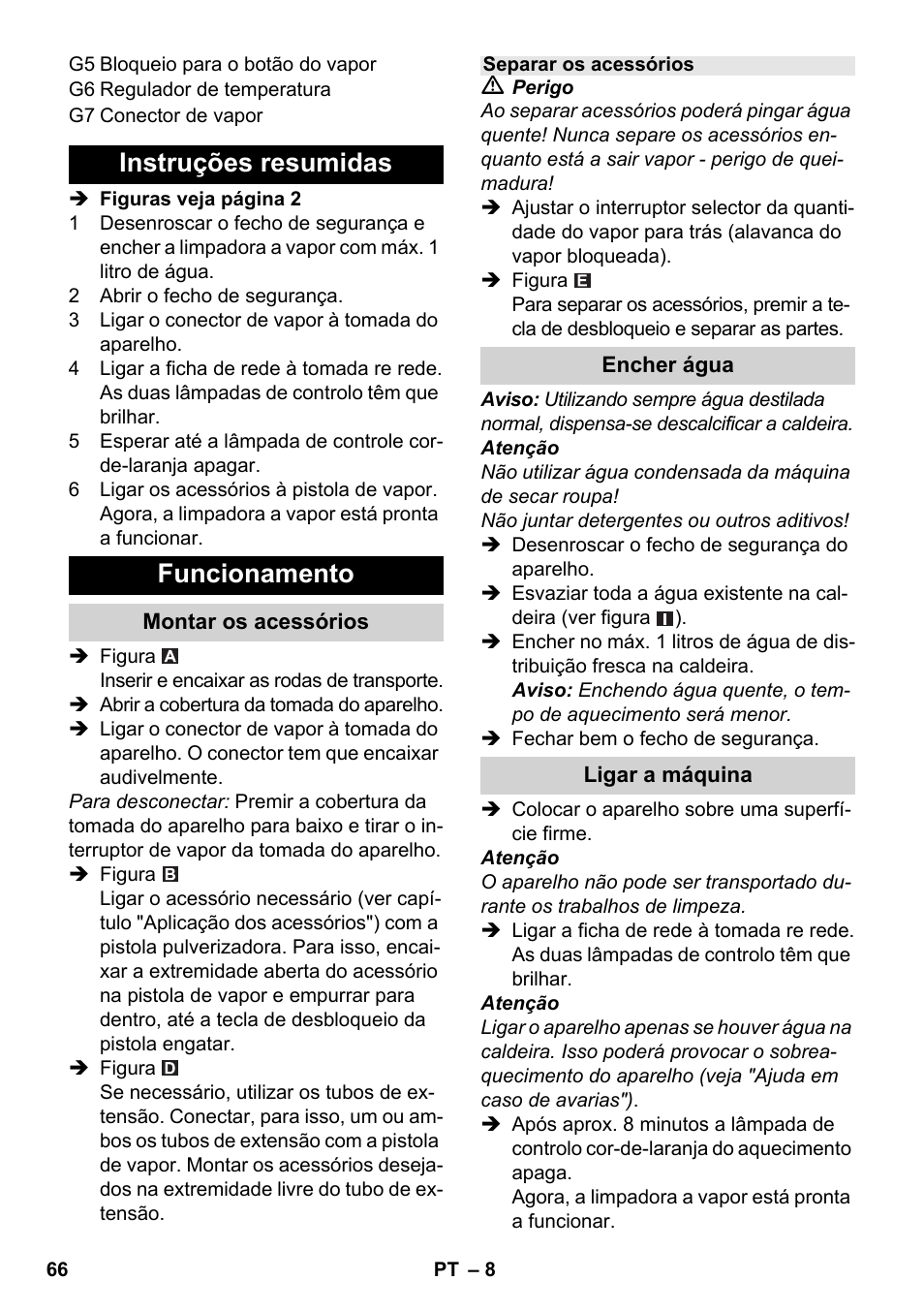 Instruções resumidas funcionamento | Karcher SC 1-030 B User Manual | Page 66 / 278