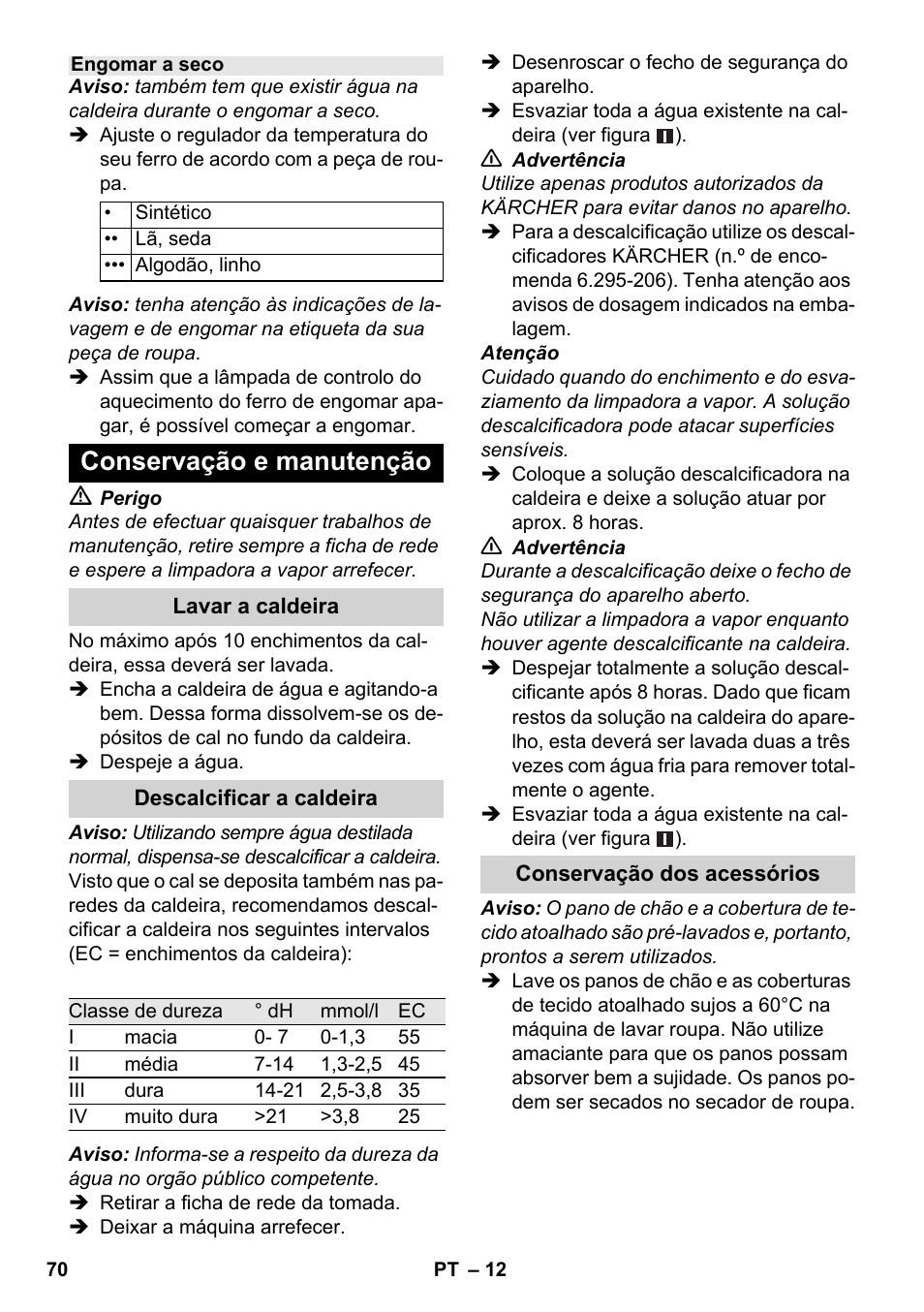 Conservação e manutenção | Karcher SC 1-030 B User Manual | Page 70 / 278