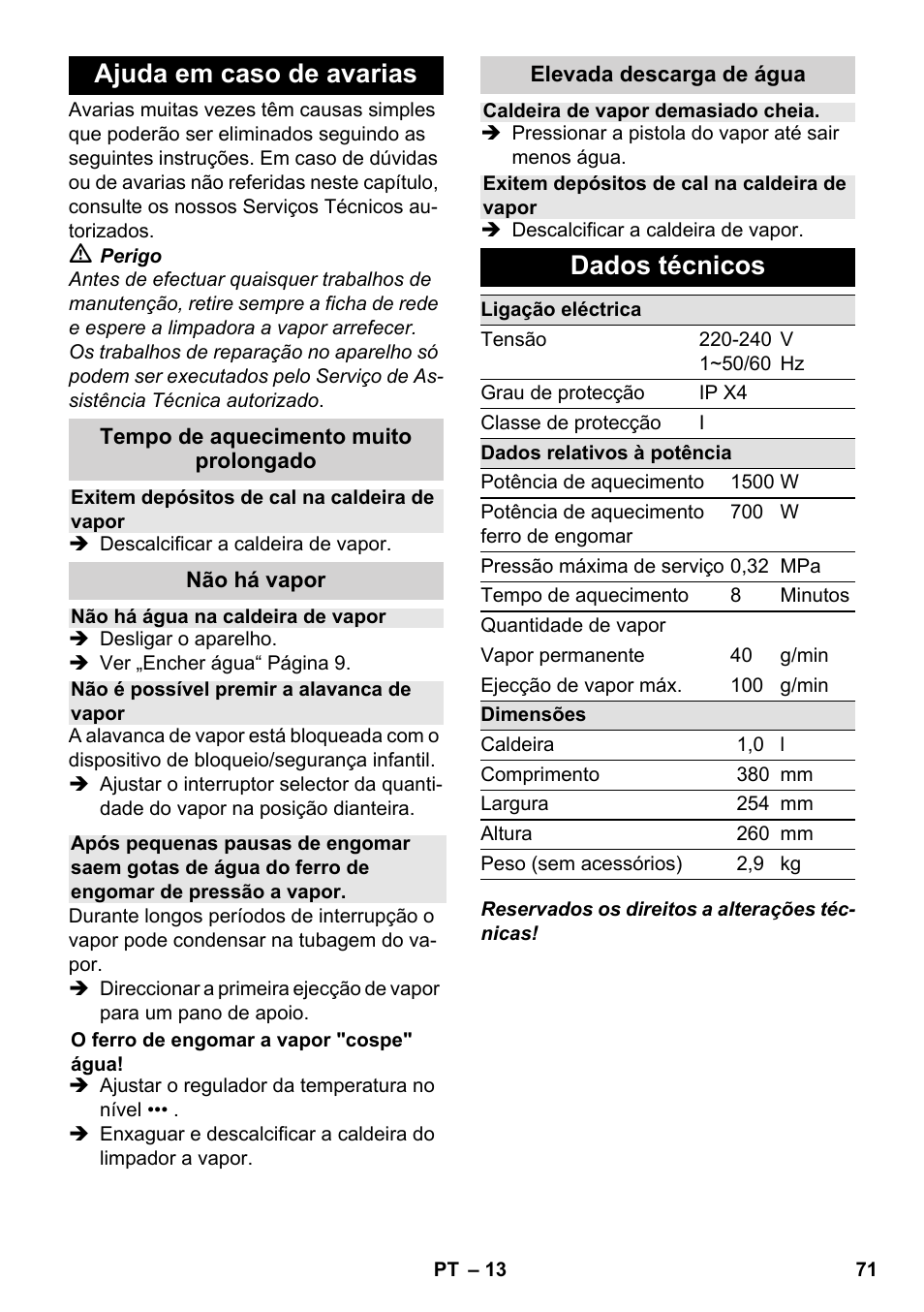 Ajuda em caso de avarias, Dados técnicos | Karcher SC 1-030 B User Manual | Page 71 / 278