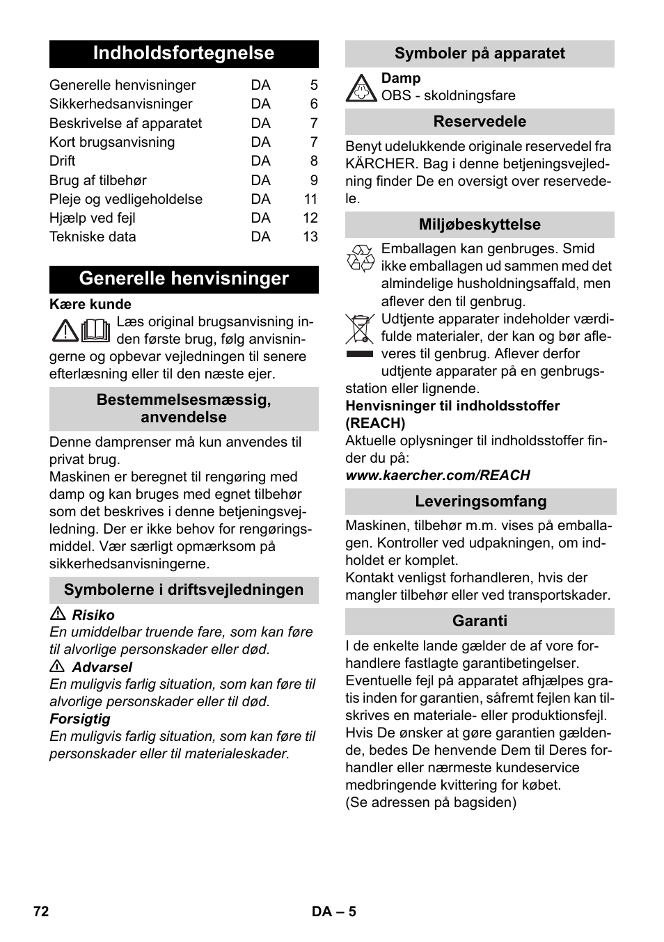 Dansk, Indholdsfortegnelse, Generelle henvisninger | Karcher SC 1-030 B User Manual | Page 72 / 278