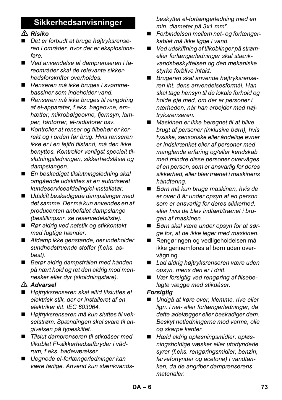 Sikkerhedsanvisninger | Karcher SC 1-030 B User Manual | Page 73 / 278