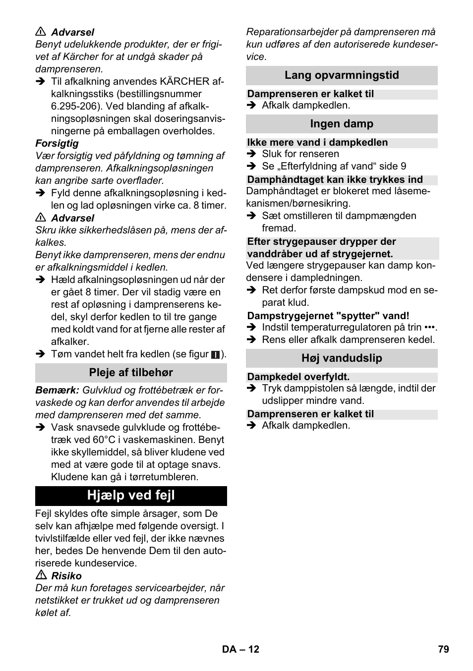 Hjælp ved fejl | Karcher SC 1-030 B User Manual | Page 79 / 278