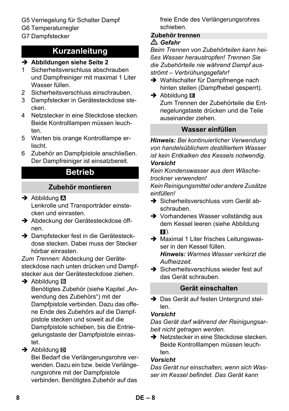 Kurzanleitung betrieb | Karcher SC 1-030 B User Manual | Page 8 / 278