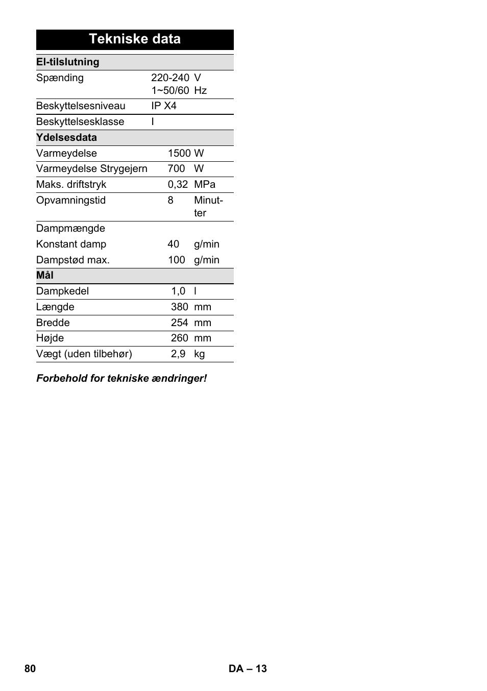 Tekniske data | Karcher SC 1-030 B User Manual | Page 80 / 278