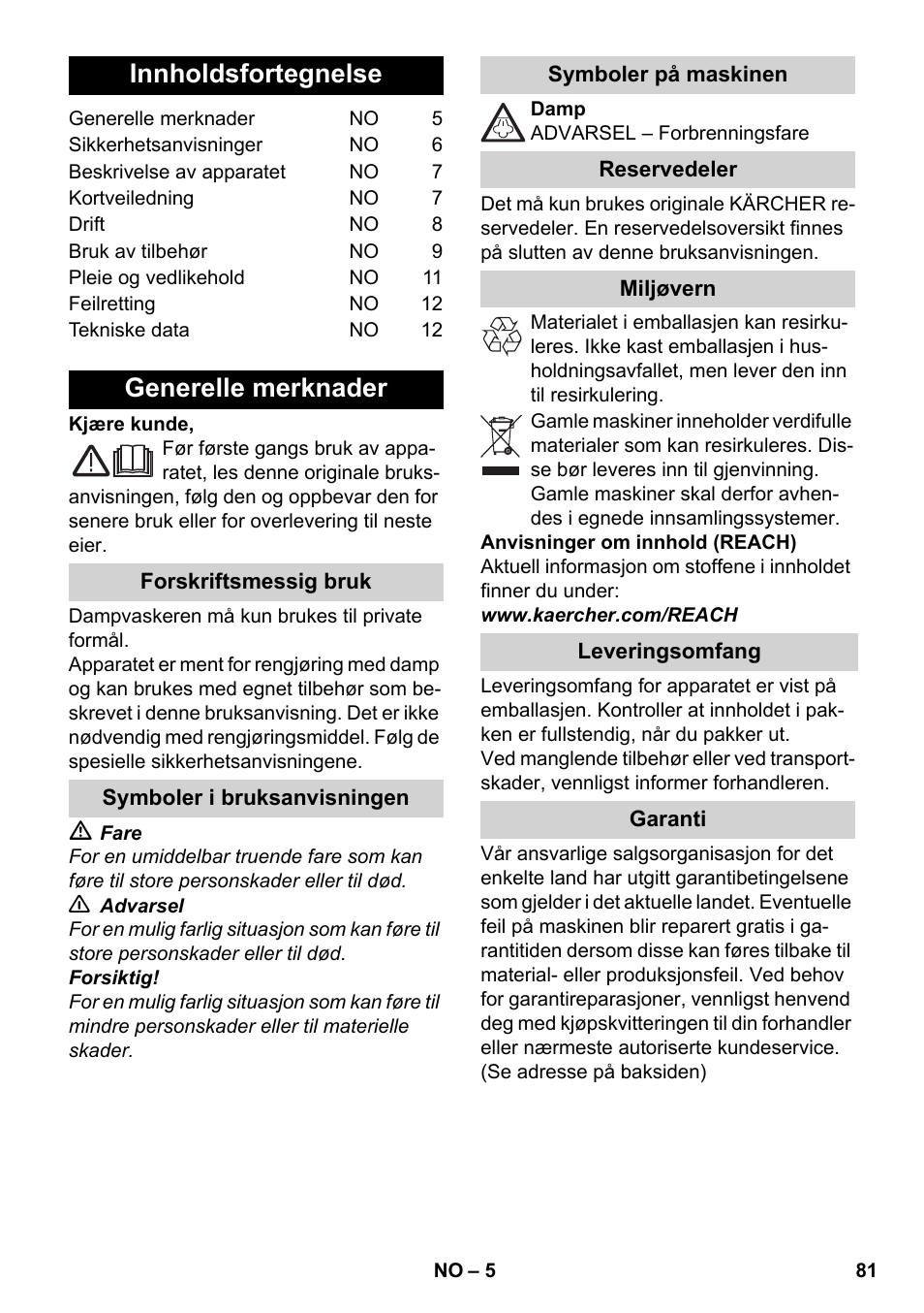 Norsk, Innholdsfortegnelse, Generelle merknader | Karcher SC 1-030 B User Manual | Page 81 / 278