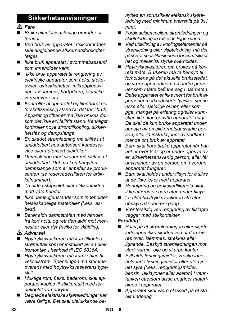 Sikkerhetsanvisninger | Karcher SC 1-030 B User Manual | Page 82 / 278