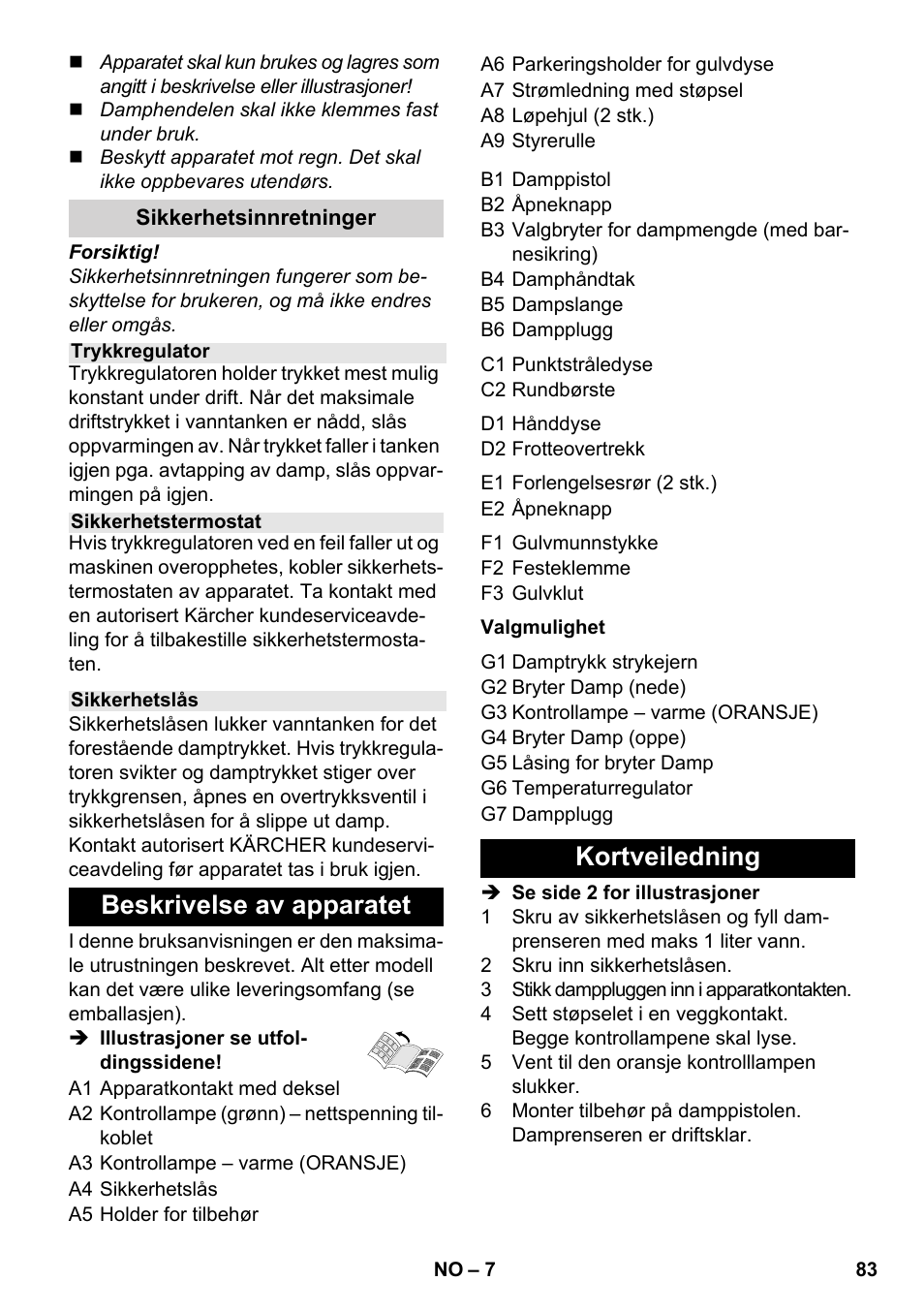 Beskrivelse av apparatet, Kortveiledning | Karcher SC 1-030 B User Manual | Page 83 / 278