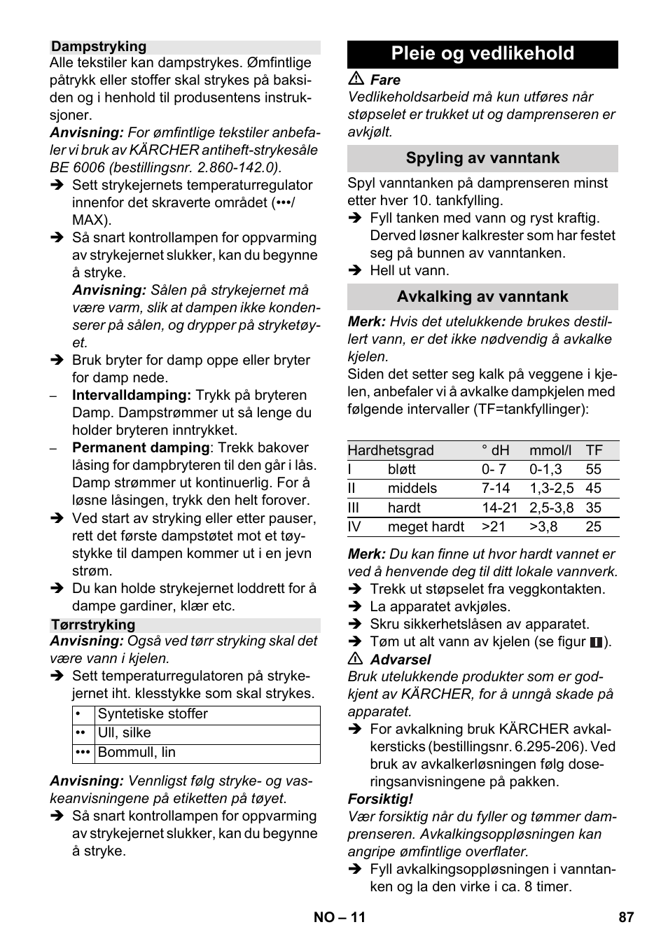 Pleie og vedlikehold | Karcher SC 1-030 B User Manual | Page 87 / 278