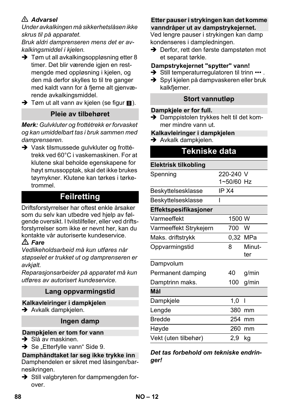 Feilretting, Tekniske data | Karcher SC 1-030 B User Manual | Page 88 / 278