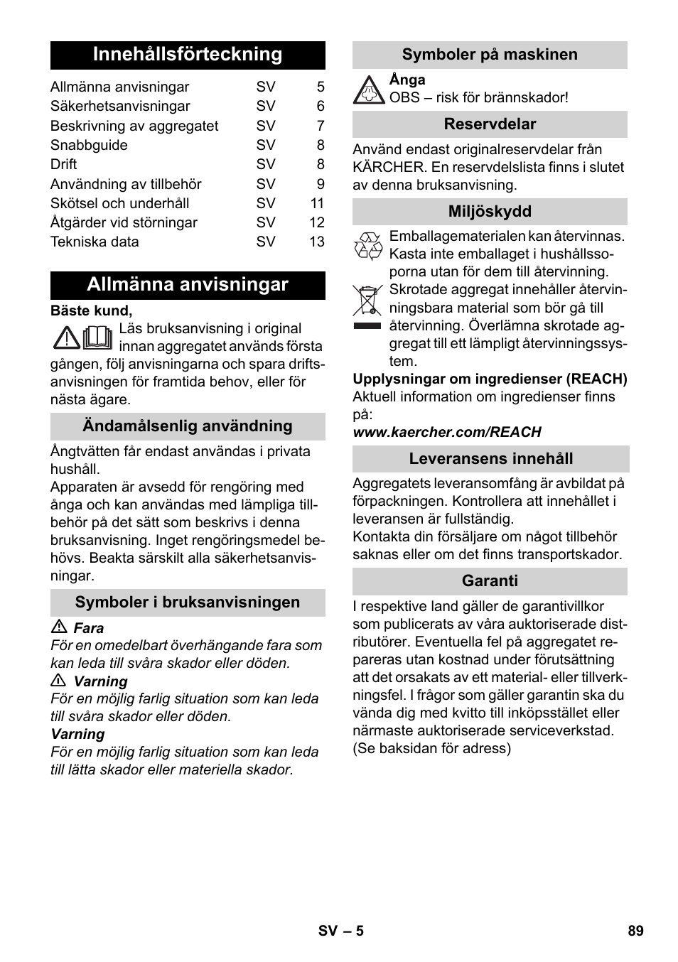 Svenska, Innehållsförteckning, Allmänna anvisningar | Karcher SC 1-030 B User Manual | Page 89 / 278