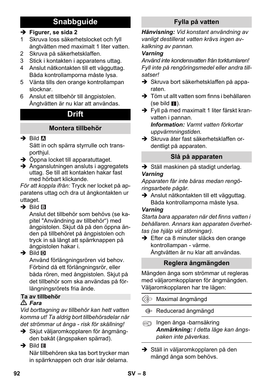 Snabbguide drift | Karcher SC 1-030 B User Manual | Page 92 / 278