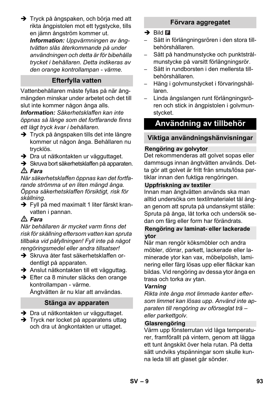 Användning av tillbehör | Karcher SC 1-030 B User Manual | Page 93 / 278