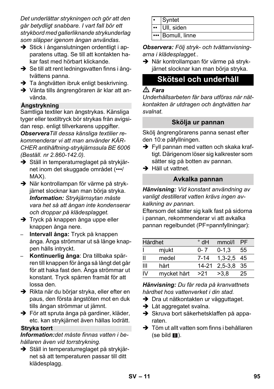 Skötsel och underhåll | Karcher SC 1-030 B User Manual | Page 95 / 278
