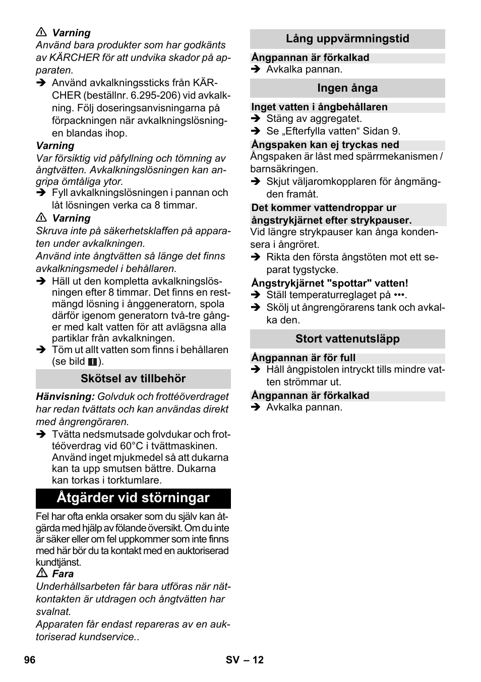 Åtgärder vid störningar | Karcher SC 1-030 B User Manual | Page 96 / 278