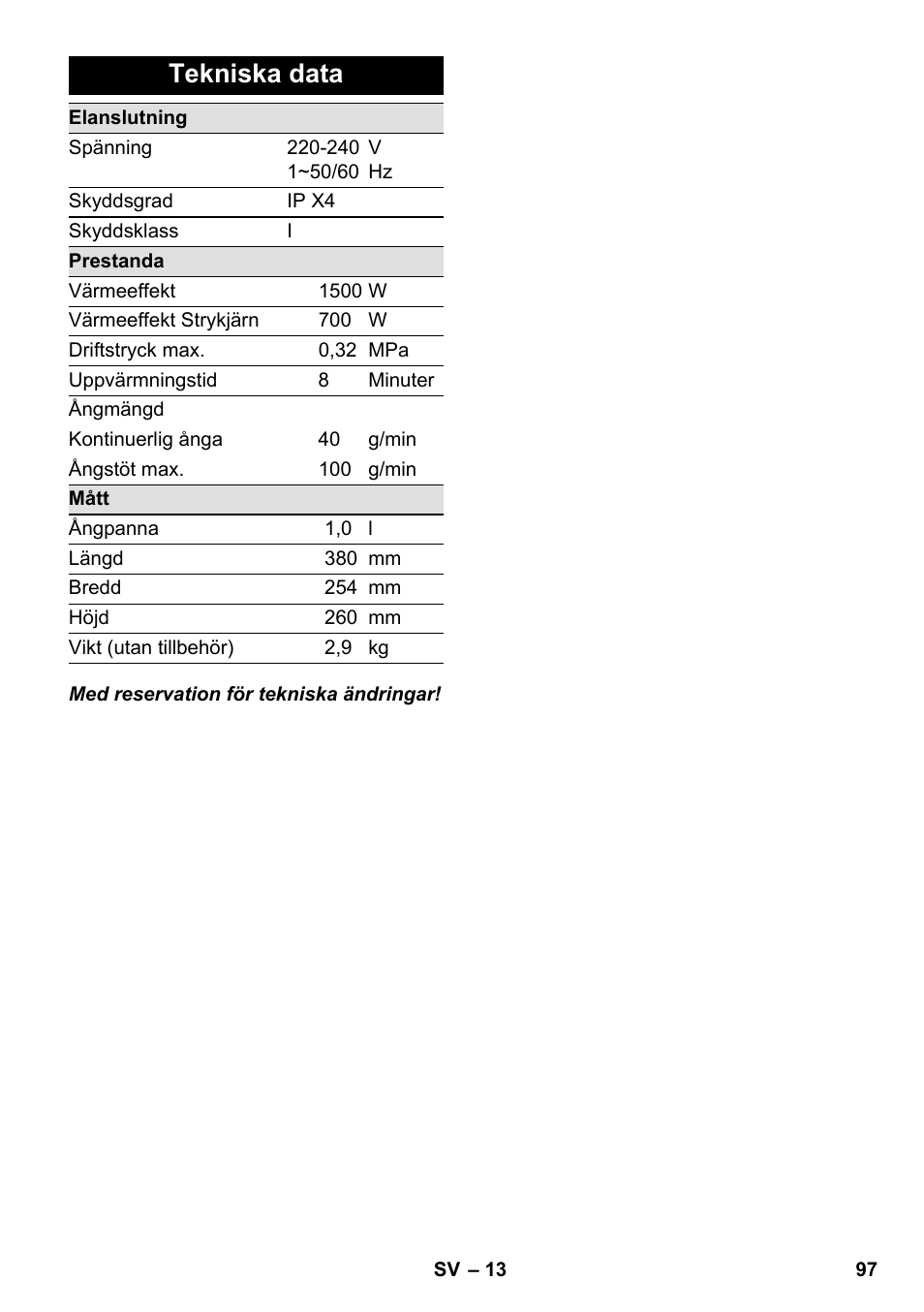 Tekniska data | Karcher SC 1-030 B User Manual | Page 97 / 278