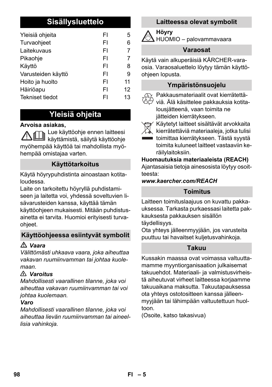 Suomi, Sisällysluettelo, Yleisiä ohjeita | Karcher SC 1-030 B User Manual | Page 98 / 278