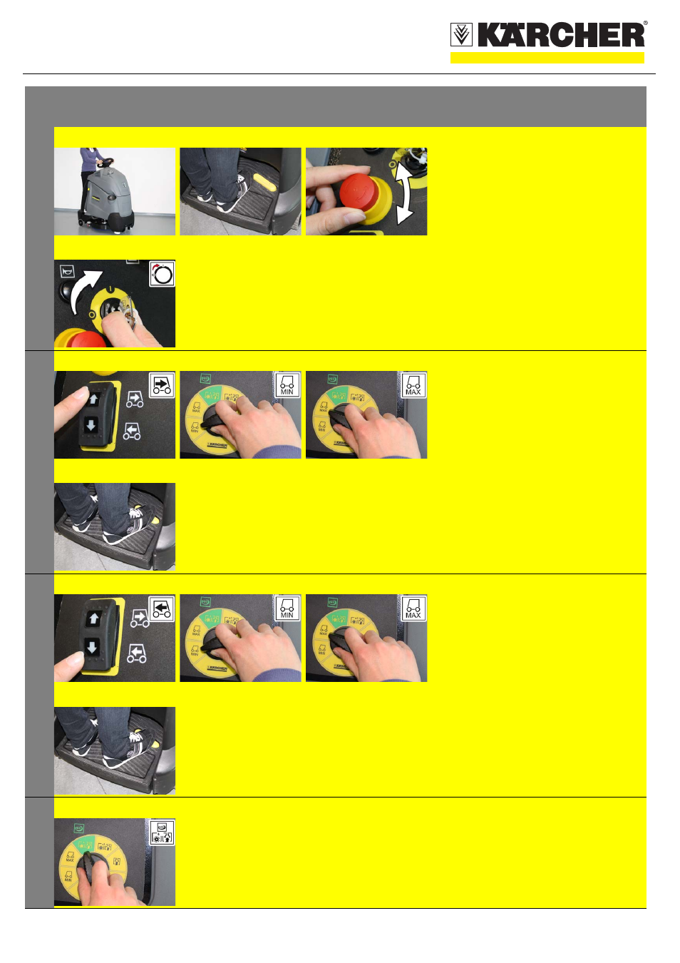 Tabelle, Tabellenkopfzeile, Tabellenreihe | Operation, Tabellenhaupttext, Grafik, Starting the machine, A step on the standing platform, Do not press the accelerator pedal, B release emergency-stop button by turning | Karcher BD 50-40 RS Bp User Manual | Page 2 / 7