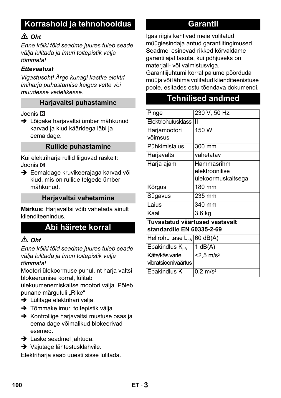 Korrashoid ja tehnohooldus, Abi häirete korral garantii tehnilised andmed | Karcher T 15-1 + ESB 34 User Manual | Page 100 / 116