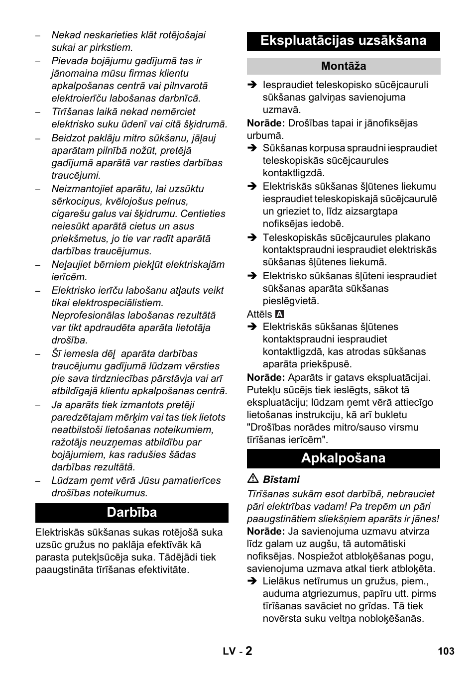 Darbība ekspluatācijas uzsākšana, Apkalpošana | Karcher T 15-1 + ESB 34 User Manual | Page 103 / 116