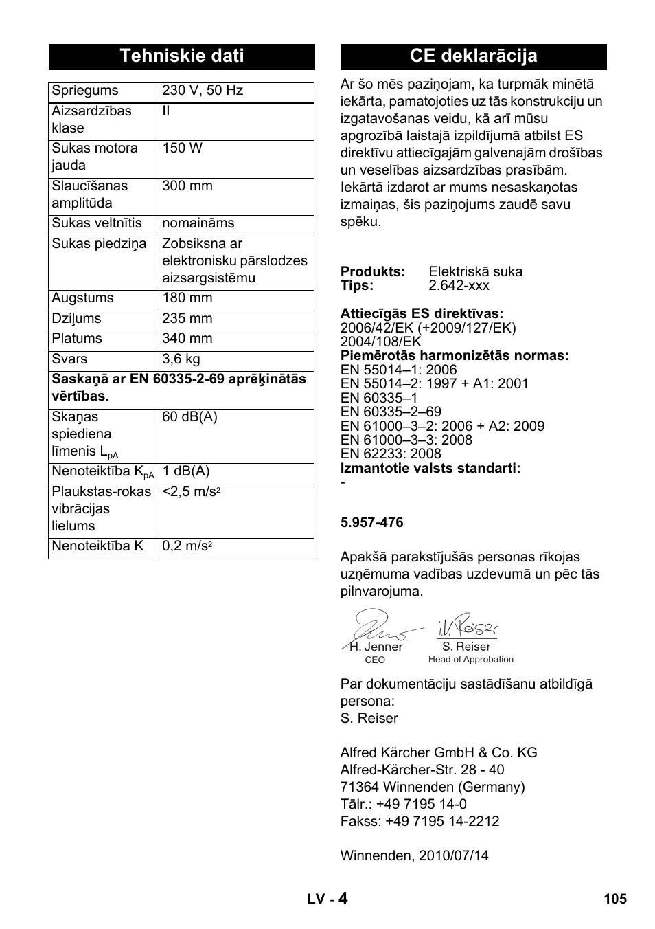 Tehniskie dati, Ce deklarācija | Karcher T 15-1 + ESB 34 User Manual | Page 105 / 116