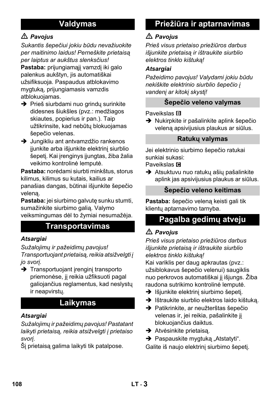 Pagalba gedimų atveju | Karcher T 15-1 + ESB 34 User Manual | Page 108 / 116