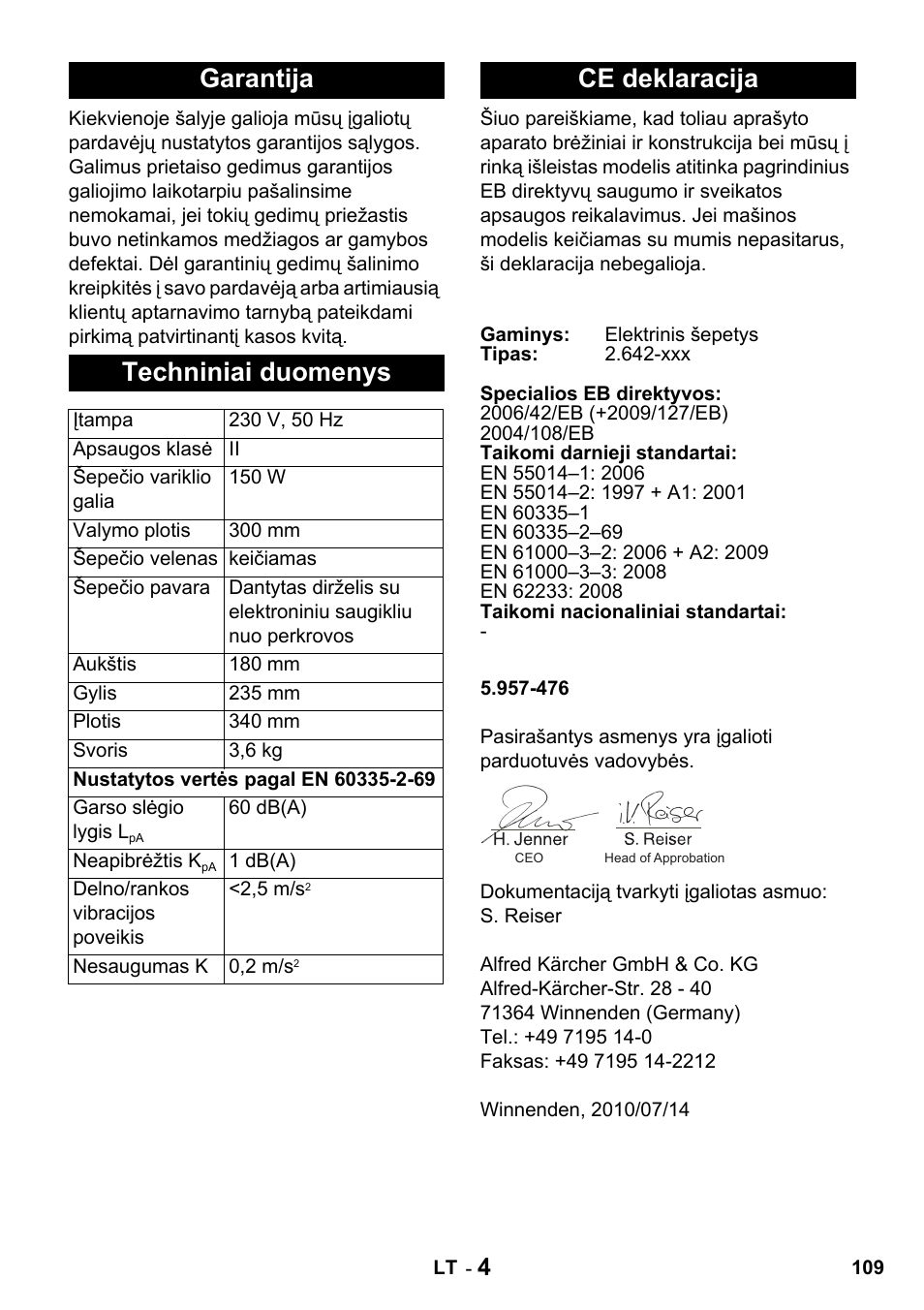 Garantija techniniai duomenys, Ce deklaracija | Karcher T 15-1 + ESB 34 User Manual | Page 109 / 116