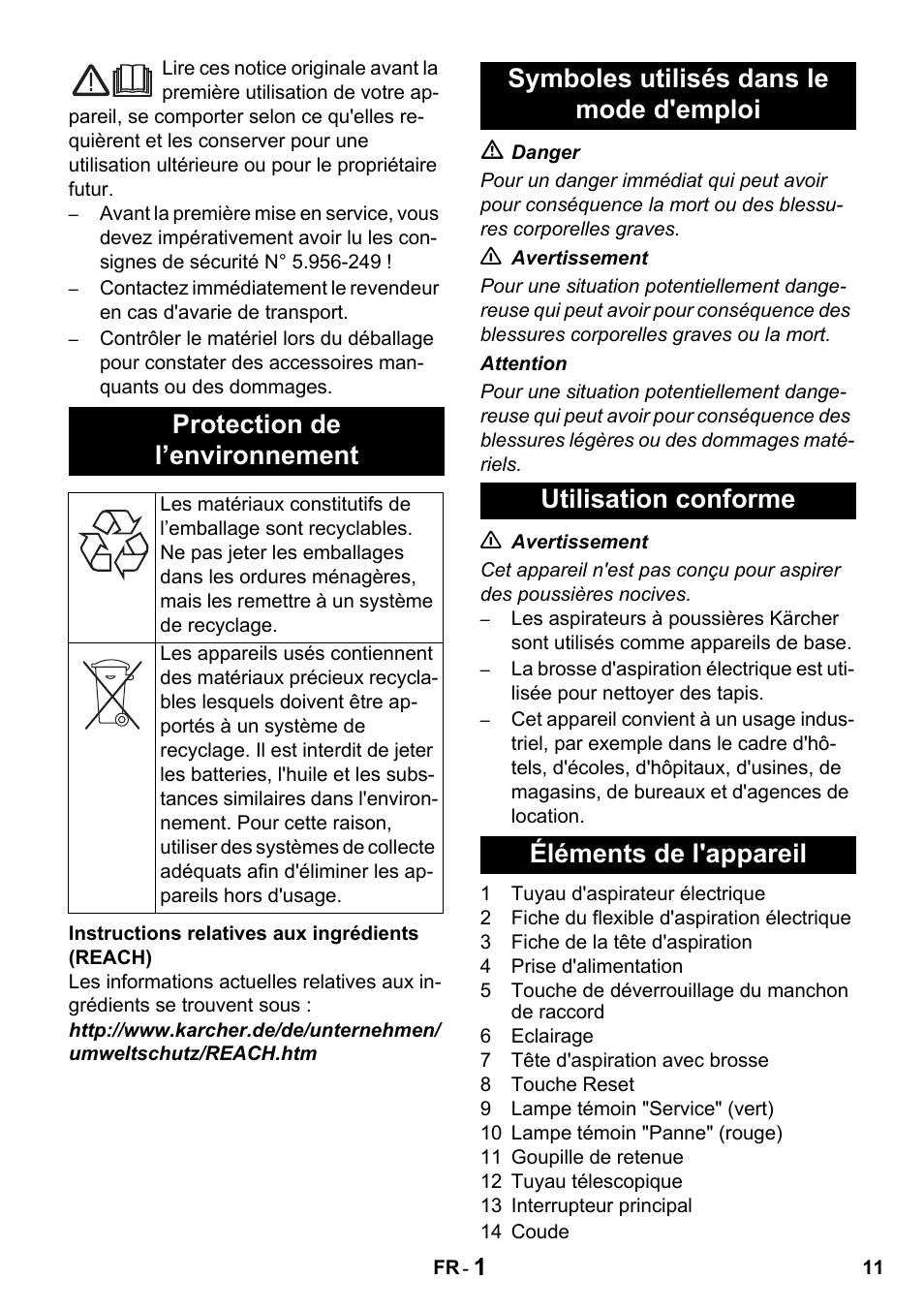 Protection de l’environnement | Karcher T 15-1 + ESB 34 User Manual | Page 11 / 116