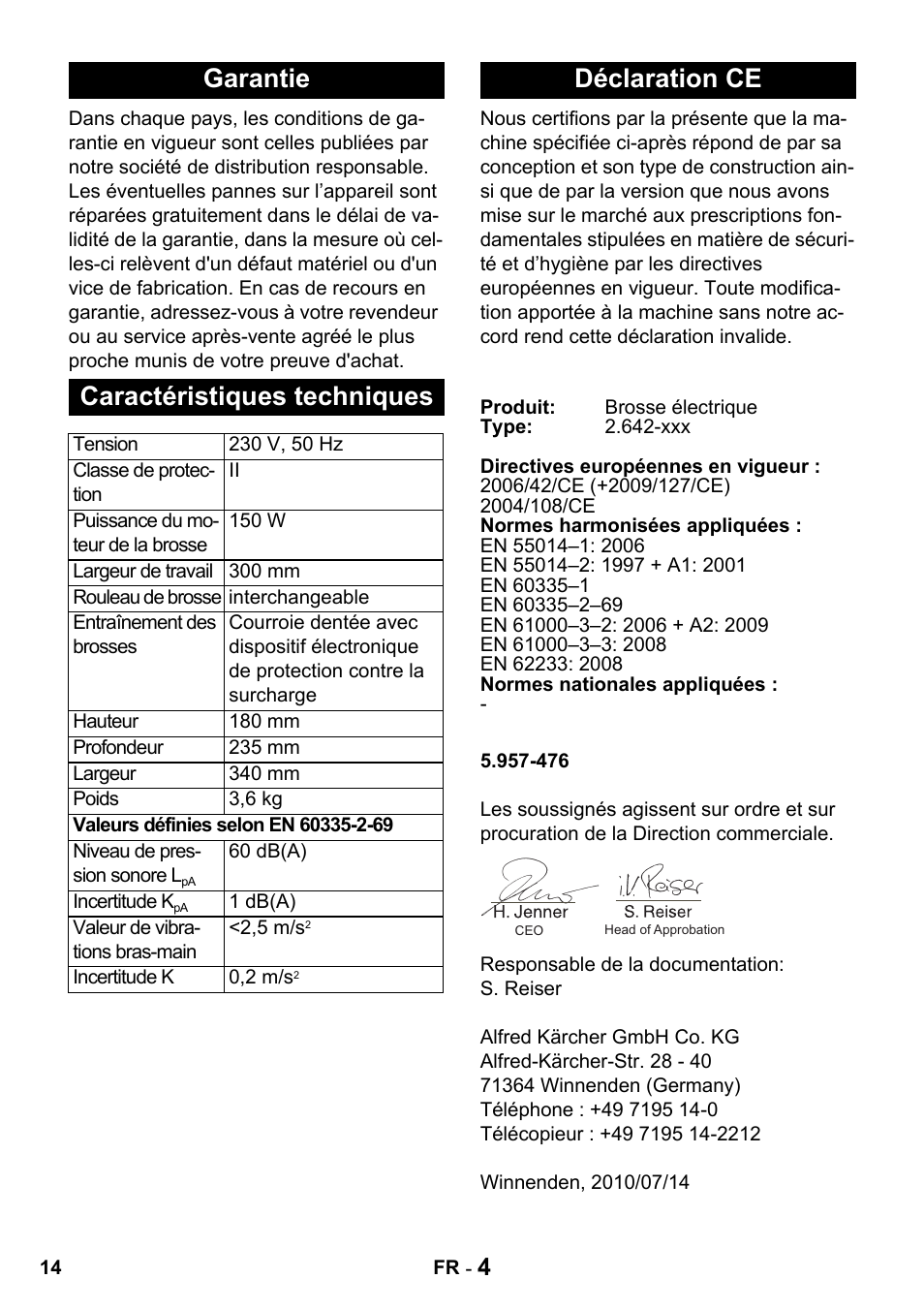 Garantie caractéristiques techniques, Déclaration ce | Karcher T 15-1 + ESB 34 User Manual | Page 14 / 116