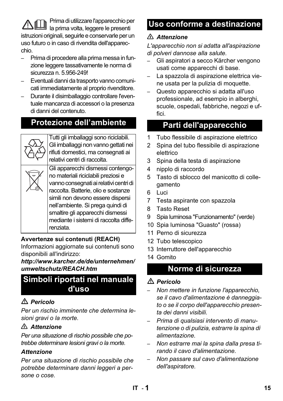 Protezione dell’ambiente | Karcher T 15-1 + ESB 34 User Manual | Page 15 / 116