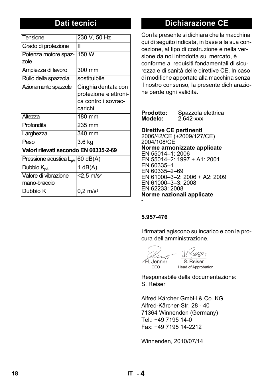 Dati tecnici, Dichiarazione ce | Karcher T 15-1 + ESB 34 User Manual | Page 18 / 116