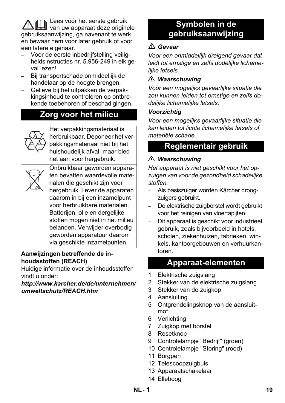 Zorg voor het milieu | Karcher T 15-1 + ESB 34 User Manual | Page 19 / 116