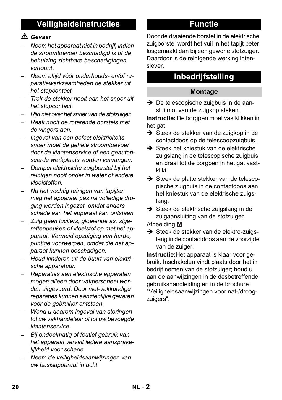 Veiligheidsinstructies functie inbedrijfstelling | Karcher T 15-1 + ESB 34 User Manual | Page 20 / 116