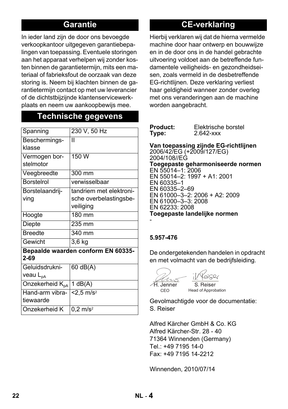 Garantie technische gegevens, Ce-verklaring | Karcher T 15-1 + ESB 34 User Manual | Page 22 / 116