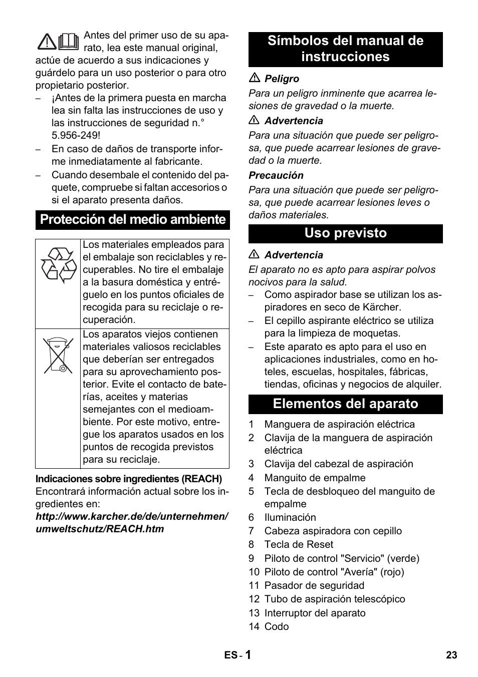 Protección del medio ambiente | Karcher T 15-1 + ESB 34 User Manual | Page 23 / 116