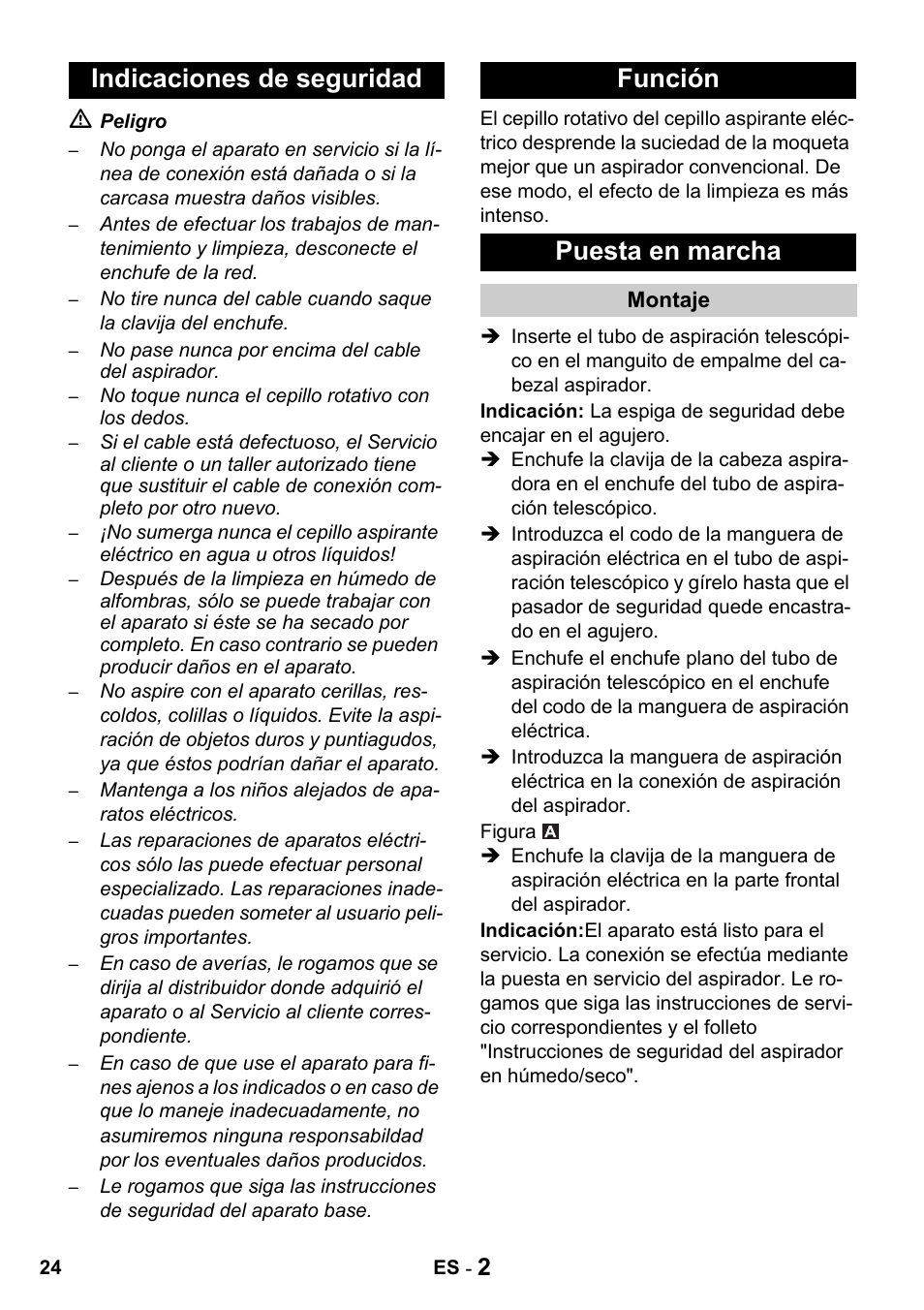 Indicaciones de seguridad función puesta en marcha | Karcher T 15-1 + ESB 34 User Manual | Page 24 / 116